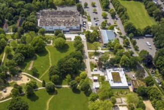 Aerial view, Hannibal-Arena ice rink in Revierpark Gysenberg, restaurants and meadow, Börnig,