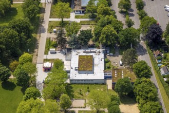 Aerial view, event centre Am Revierpark Gysenberg, Olis Restaurant, green roof, Börnig, Herne, Ruhr
