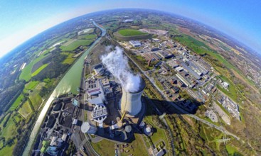 Aerial view, Trianel Kohlekraftwerk Lünen GmbH at the Datteln-Hamm canal, cooling tower with smoke