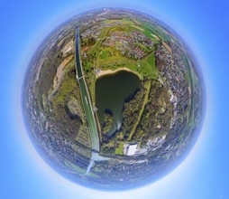 Aerial view, SeePark with Horstmarer See at the Datteln-Hamm Canal, Earth globe, fisheye image,