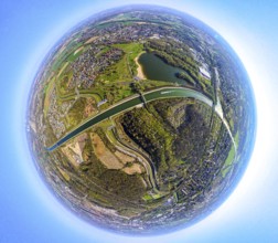 Aerial view, SeePark with Horstmarer See at the Datteln-Hamm Canal, Earth globe, fisheye image,