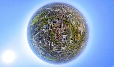 Aerial photo, Lünen Mitte residential area local view centre and river Lippe, earth globe, fisheye
