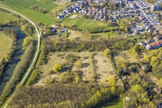 Aerial view, meadow area and fallow land at the river Lippe next to St. Marien Hospital, Lünen,