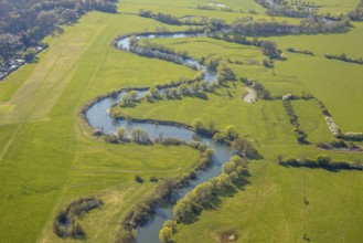 Aerial photograph, Lünen-Lippeweiden airfield and river Lippe meander with Lippe floodplain nature