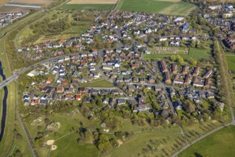 Aerial view, residential area, local view Horstmar at the river Seseke, catholic cemetery Lünen,