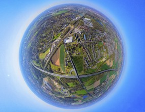 Aerial view, residential area, view of Lünen-Süd and motorway A2, globe, fisheye image, 360 degree