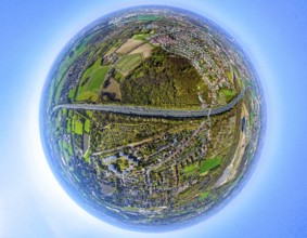 Aerial view, residential area, view of Lünen-Süd and motorway A2, globe, fisheye image, 360 degree