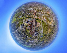 Aerial photo, Lünen Mitte residential area local view centre and river Lippe, earth globe, fisheye