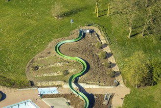Aerial view, water slide at the outdoor swimming pool Cappenberger See, Nordlünen, Lünen, Ruhr
