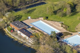 Aerial view, outdoor swimming pool Cappenberger See, Nordlünen, Lünen, Ruhr area, North