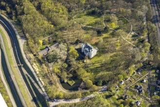 Aerial view, Schwansbell Castle with two towers, former knight's seat of the Lords of Schwansbell,