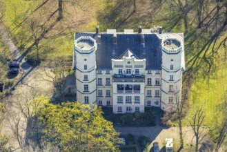 Aerial view, Schwansbell Castle with two towers, former knight's seat of the Lords of Schwansbell,