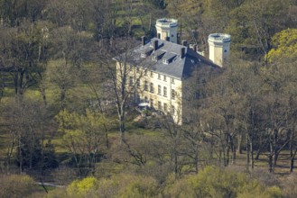 Aerial view, Schwansbell Castle with two towers, former knight's seat of the Lords of Schwansbell,