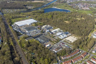 Aerial view, industrial area Scharnhorststraße and forest area Seepark, behind Horstmarer See and
