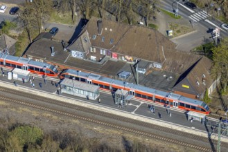 Aerial view, Lünen Preußen station, station building with S-Bahn and platform, Lünen, Ruhr area,