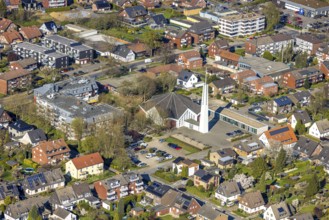 Aerial view, catholic church St. Norbert with free-standing church tower, Nordlünen, Lünen, Ruhr