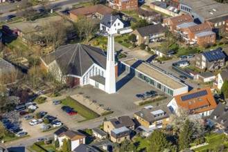 Aerial view, catholic church St. Norbert with free-standing church tower, Nordlünen, Lünen, Ruhr