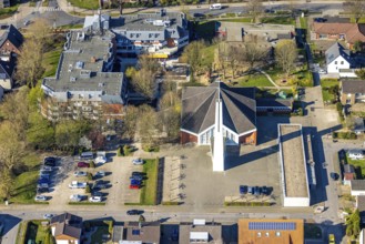 Aerial view, catholic church St. Norbert with free-standing church tower, Nordlünen, Lünen, Ruhr