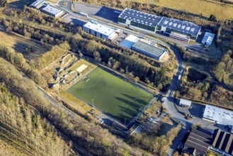 Aerial view, sports ground SSV Kirchveischede and Bikepark, commercial area Kirchveischede,