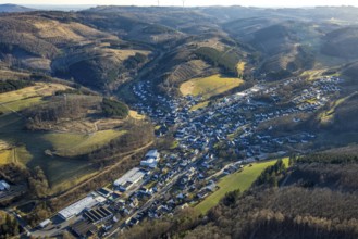 Aerial view, residential area, view of Kirchveischede, hilly landscape, forest area with forest