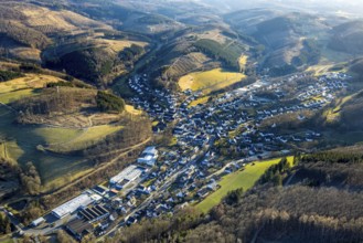 Aerial view, residential area, view of Kirchveischede, hilly landscape, forest area with forest