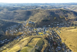 Aerial view, residential area, view of Bilstein district with castle, hilly landscape, Bilstein,