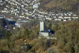 Aerial view, Hohe Bracht Café and Observation Tower, Bilstein, Lennestadt, Sauerland, North