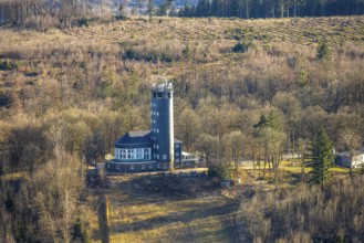 Aerial view, Hohe Bracht Café and Observation Tower, Bilstein, Lennestadt, Sauerland, North