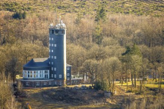 Aerial view, Hohe Bracht Café and Observation Tower, Bilstein, Lennestadt, Sauerland, North