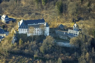 Aerial view, Bilstein Castle, youth hostel and historical sight, Bilstein, Lennestadt, Sauerland,