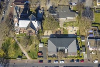 Aerial view, evang. church Horstmar-Preußen, evang. kindergarten, Haus Lutherstraße, Bethel, Lünen,