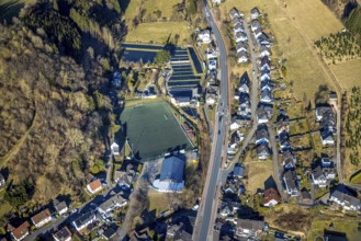 Aerial view, sports field SV Oberelspe, fish ponds fishing Linn, Oberelspe, Lennestadt, Sauerland,