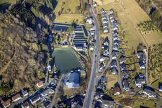 Aerial view, sports field SV Oberelspe, fish ponds fishing Linn, Oberelspe, Lennestadt, Sauerland,