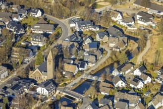 Aerial view, Church of St. Jodokus and Bridge River Lenne, Saalhausen, Lennestadt, Sauerland, North