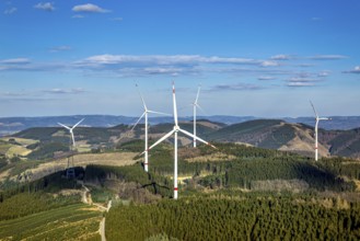Aerial photo, wind turbine park, wind power plant, Langenei, blue sky and distant view, forest