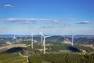 Aerial photo, wind turbine park, wind power plant, Langenei, blue sky and distant view, forest