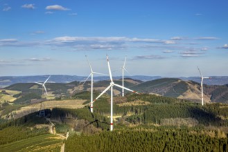 Aerial photo, wind turbine park, wind power plant, Langenei, blue sky and distant view, forest