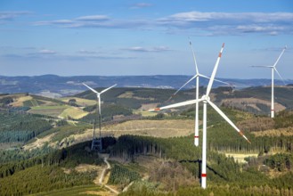 Aerial photo, wind turbine park, wind power plant, Langenei, blue sky and distant view, forest