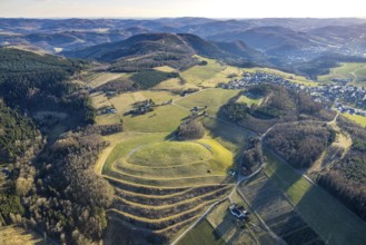 Aerial view, terraced meadow and field, with forest and hilly landscape Stöppel, Halberbracht,