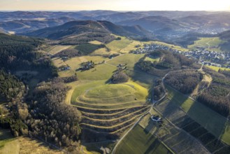 Aerial view, terraced meadow and field, with forest and hilly landscape Stöppel, Halberbracht,