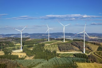 Aerial photo, wind turbine park, wind power plant, Langenei, blue sky and distant view, forest