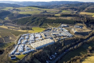 Aerial view, industrial area Sauerlandkaserne, drefi-holz warehouse and dispatch factory premises,