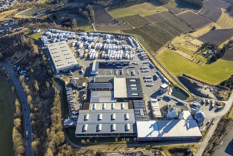 Aerial view, industrial area Sauerlandkaserne, drefi-holz warehouse and dispatch factory premises,