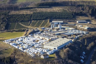 Aerial view, industrial area Sauerlandkaserne, drefi-holz warehouse and dispatch factory premises,