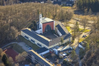 Aerial view, monastery church, Gymnasium Maria Königin, Altenhundem, Lennestadt, Sauerland, North