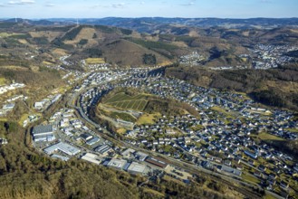 Aerial view, commercial area Zur Christinenhütte, residential area hilly landscape and forest area