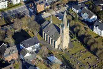 Aerial view, Grevenbrück Cemetery and St. Nicholas Catholic Church, Grevenbrück, Lennestadt,
