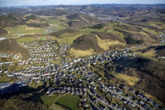 Aerial view, residential area, view of Grevenbrück district, forest area with forest damage and
