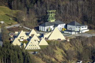 Aerial view, Galileo Park, Sauerland Pyramids, Mining Museum Siciliaschacht with winding tower,