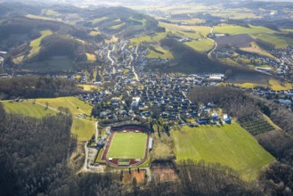 Aerial view, Stadion an der Habuche, football stadium and athletics stadium with residential area,